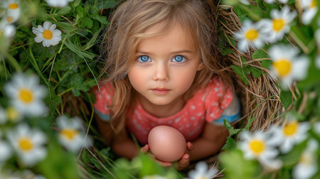 Little girl with Easter eggs in a nest of flowers. Selective focus.の素材