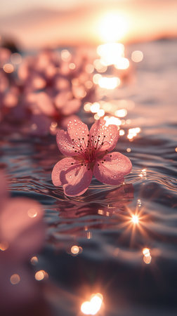 Cherry blossoms in full bloom on the water at sunset.の素材