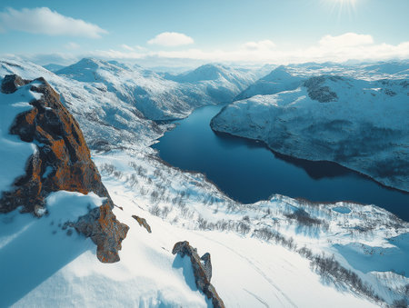 Aerial view of beautiful Norwegian fjord landscape in winter.の素材