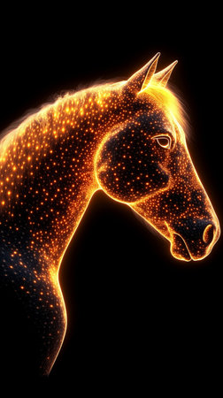 Horse head made of particles on a black background. 3d renderingの素材