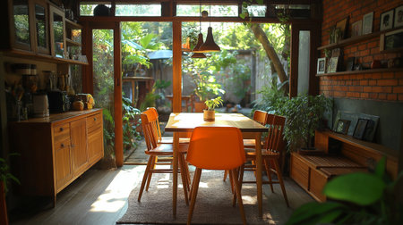Interior of a coffee shop with orange chairs and wooden tables.の素材