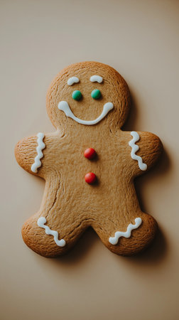 Gingerbread man in the form of a Christmas tree on a beige backgroundの素材
