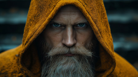close-up portrait of a man with a long beard and mustache in a yellow raincoatの素材