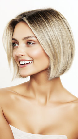 Portrait of a beautiful young woman with blond hair over white backgroundの素材