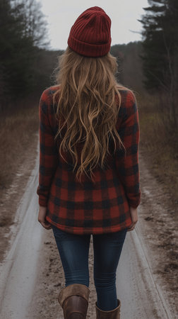 Beautiful blonde woman in a plaid shirt and a red hat standing on a country roadの素材