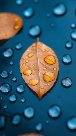 Autumn leaves with water drops on a dark blue background. Autumn concept.の素材