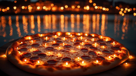 pizza with burning candles on the background of the river and the cityの素材