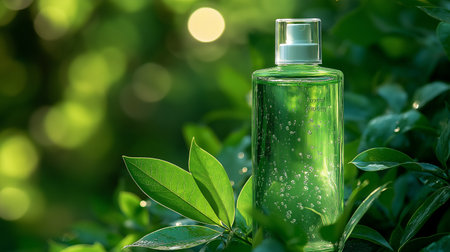 Green cosmetic bottle with dropper on green leaves background. Skin care conceptの素材