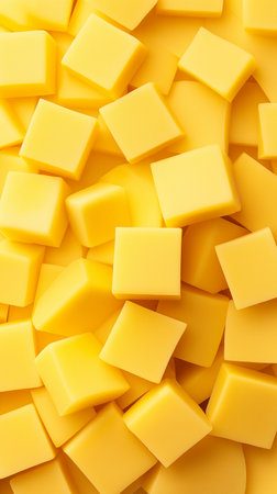 many cubes of yellow cheese as background, top view, close upの素材