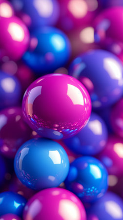 3d rendering of violet and blue balls in abstract background with shallow depth of fieldの素材