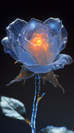 Blue rose with a glowing light on a black background. Close-up.の素材