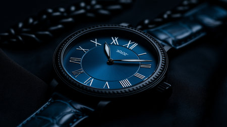 Wrist watch with black leather strap and blue dial on black backgroundの素材