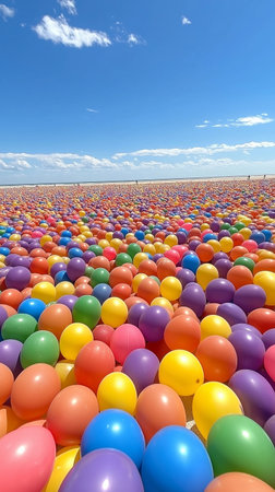 Colorful balloons on the beach in sunny day. Balloons on the beach.の素材