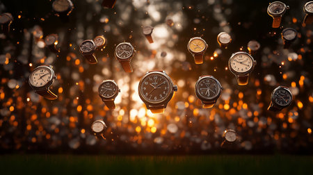 Time concept with clocks flying in the air. 3D Renderingの素材