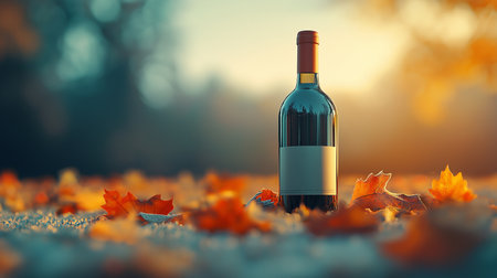 Wine bottle on autumn leaves background. 3d render illustration.の素材
