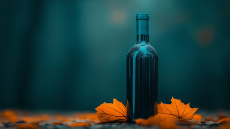 bottle of wine with autumn leaves on a dark blue background.の素材