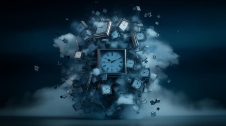 Digital composite of Cloud with clock and books against blue background 3dの素材