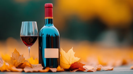bottle and glass of red wine on autumn leaves background, copy spaceの素材