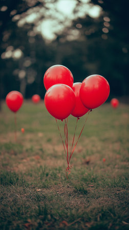 Red balloons on the grass in the park. Vintage style photo.の素材