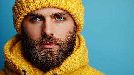 Portrait of a handsome bearded man in a yellow hat and scarf.の素材
