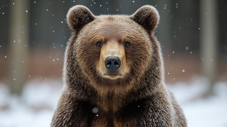 Close-up portrait of a brown bear in the winter forest.の素材