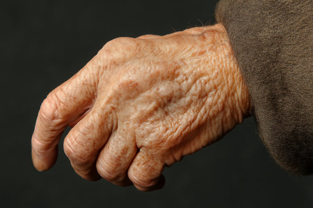 Old wrinkled hand of an elderly woman on a dark background.の素材