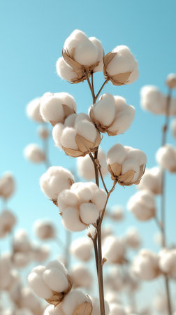 Cotton plant on blue sky background. Close up of cotton flowersの素材
