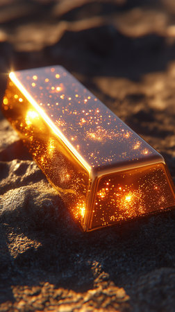 Gold bars on the sand. Glowing gold bars on the beach.の素材