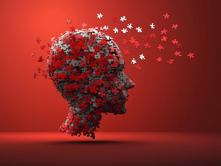 Human head made of puzzle pieces on red background. Vector illustration.の素材