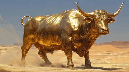 golden bull in the desert, 3d rendering, computer digital drawingの素材