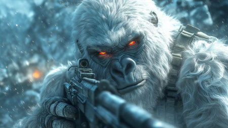 Gorilla with a machine gun in the winter forest. 3d renderingの素材
