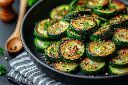 fried zucchini with spices and herbs on a black background. tinting. selective focusの素材