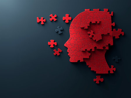 Human head made of red puzzle pieces on dark background. Vector illustration.の素材