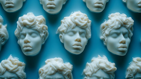 Statues in the form of a human head on a blue backgroundの素材