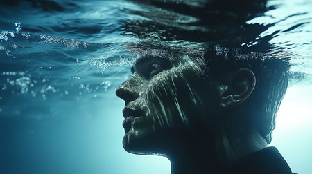 Double exposure of a man in the water. 3D rendering.の素材