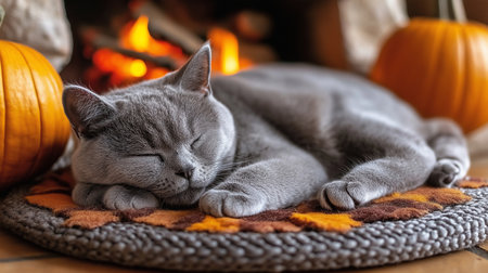 Beautiful gray cat sleeps in front of the fireplace at home.の素材