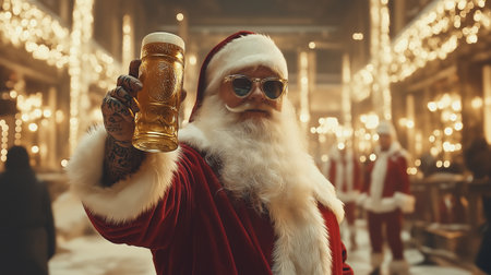 Portrait of santa claus drinking beer at christmas timeの素材