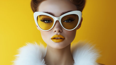 Fashion portrait of beautiful woman in white fur coat and yellow sunglassesの素材