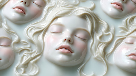 3d rendering of a female face in white clay with beautiful hairの素材