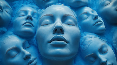 3d rendering of a group of white marble statues with different facial expressionsの素材