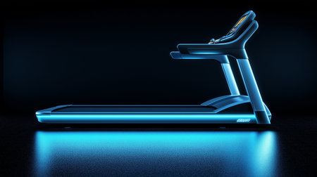 Treadmill in neon light on dark background. 3D renderingの素材