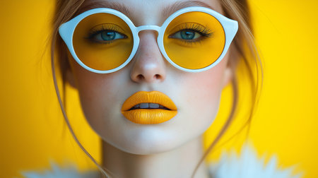 Close-up portrait of a beautiful girl with bright makeup and yellow sunglassesの素材