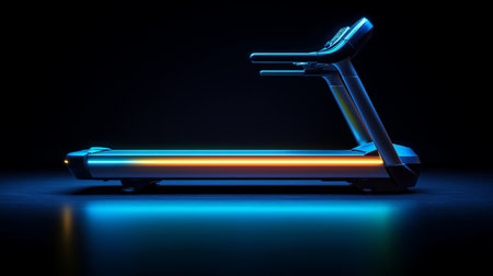 Treadmill in neon light on dark background. 3D renderingの素材