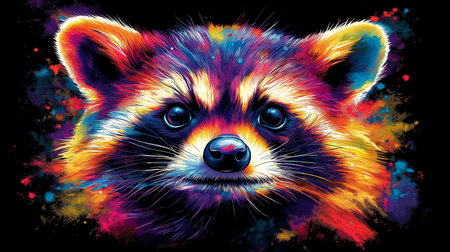 Cute red panda portrait with colorful splashes on black backgroundの素材