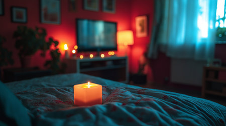 Candle on the bed in the interior of a red room.の素材