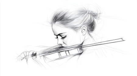 Sketch of a girl playing the violin on a white backgroundの素材