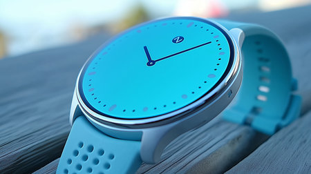 Blue Smart Watch on Wooden Surface. 3d Render. Time Concept.の素材