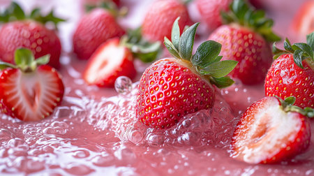 Strawberry on a pink background with splashes of water.の素材