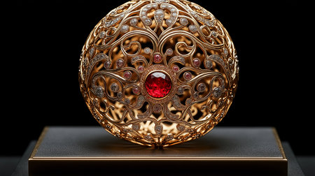 golden decorative ball with a red gemstone on a black backgroundの素材