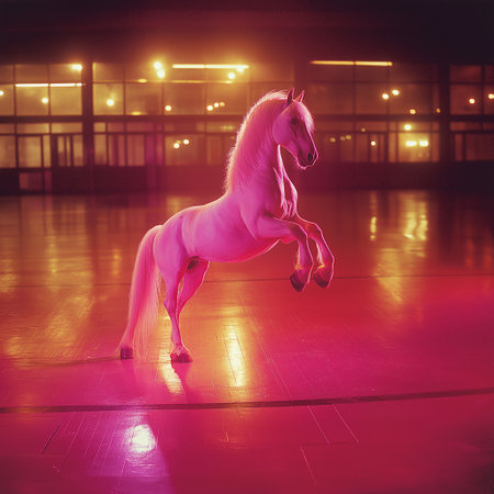 Beautiful pink horse in the dance hall. 3d rendering.の素材